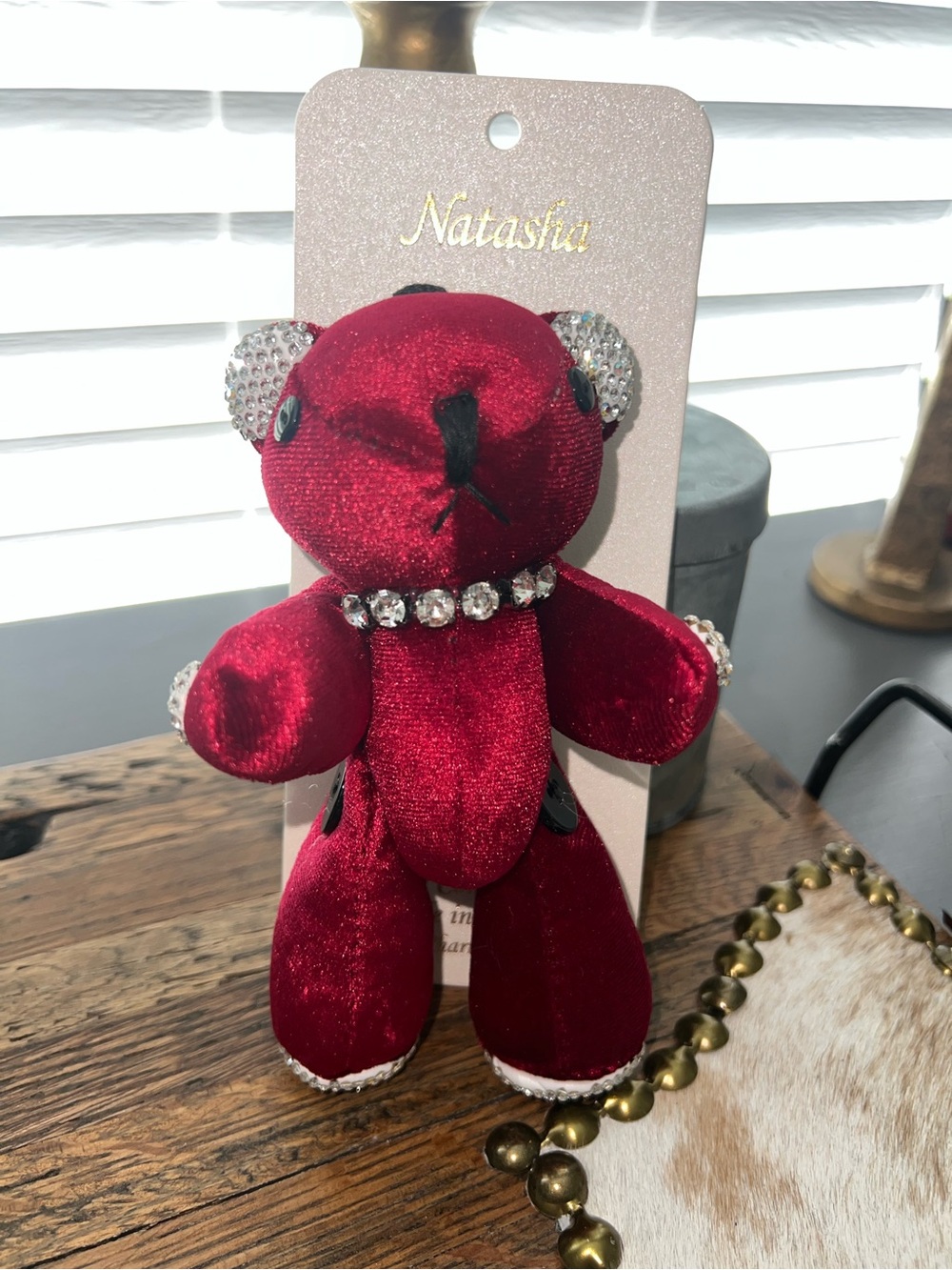Natasha Couture Burgundy Velvet Teddy Bear Bag Charm with Crystal Accents